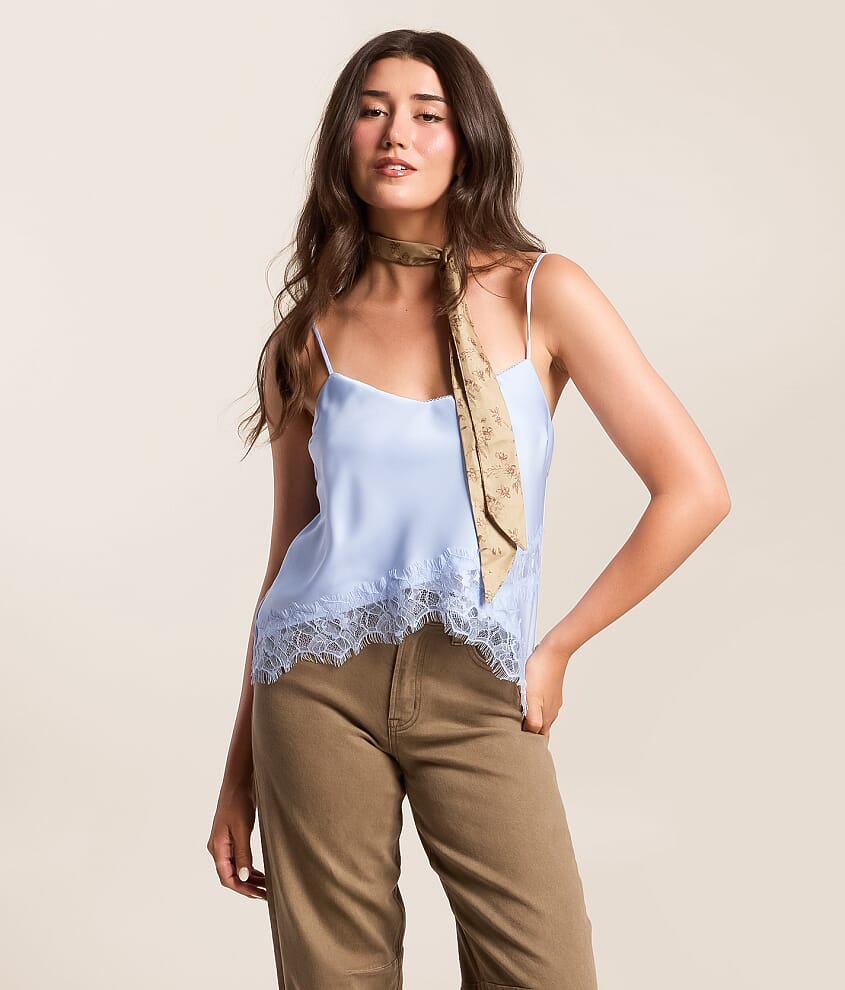 Lush Satin Eyelash Lace Tank Top - Women's Tank Tops in Lt Blue