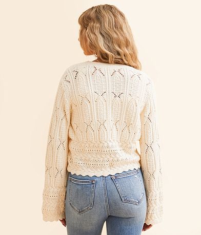 All in Favor Pointelle Cropped Cardigan Sweater BACK