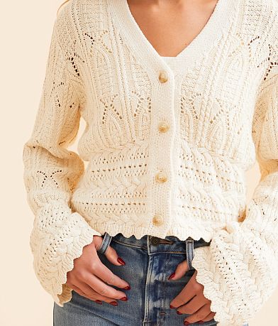 All in Favor Pointelle Cropped Cardigan Sweater MISC_DETAIL_1