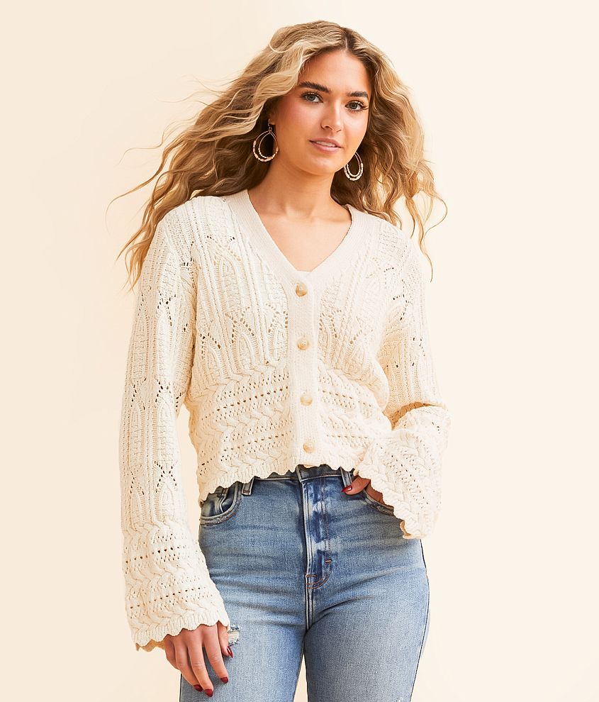 All in Favor Pointelle Cropped Cardigan Sweater front view