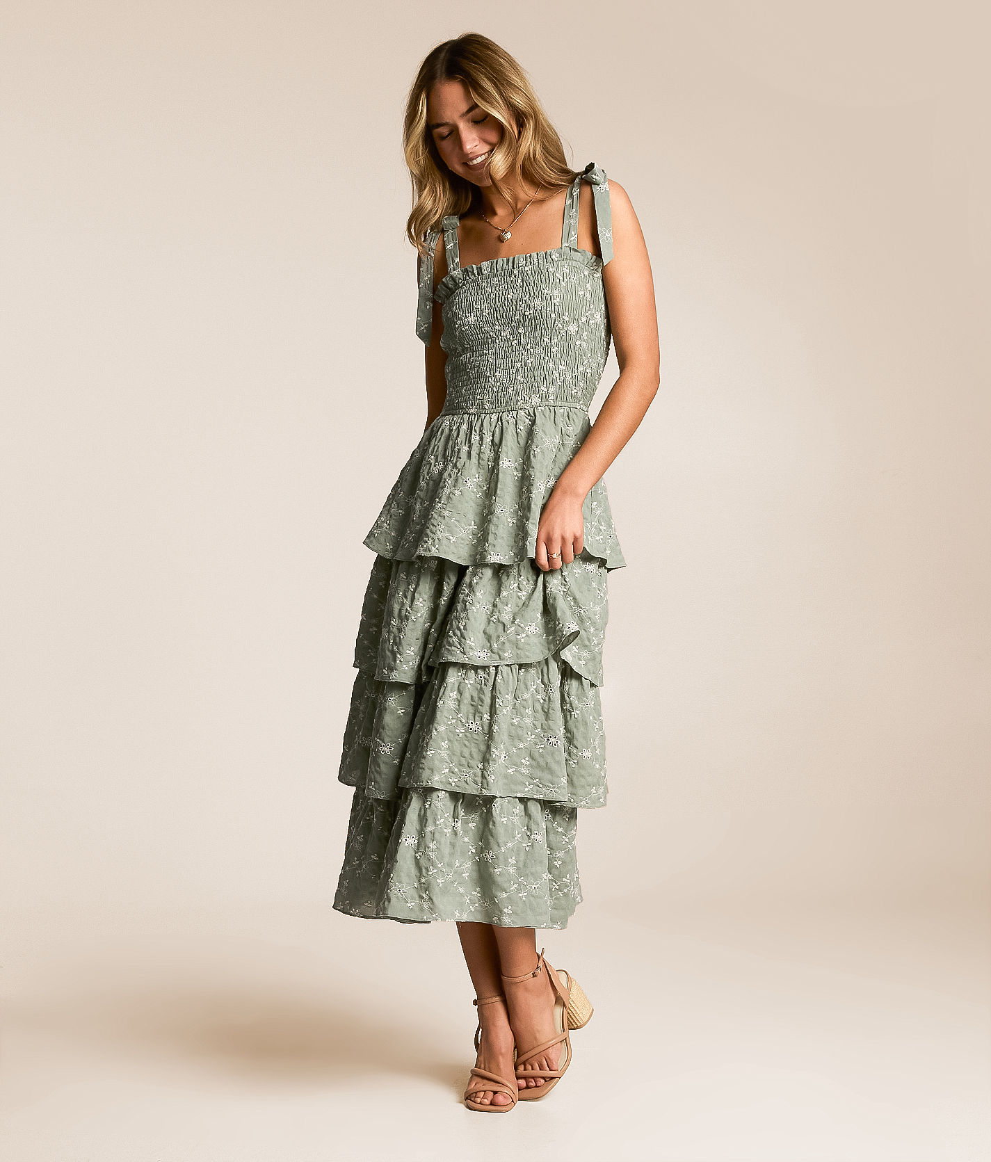 Willow & Root Embroidered Floral Tiered Midi Dress - Women's Dresses in  Sage White