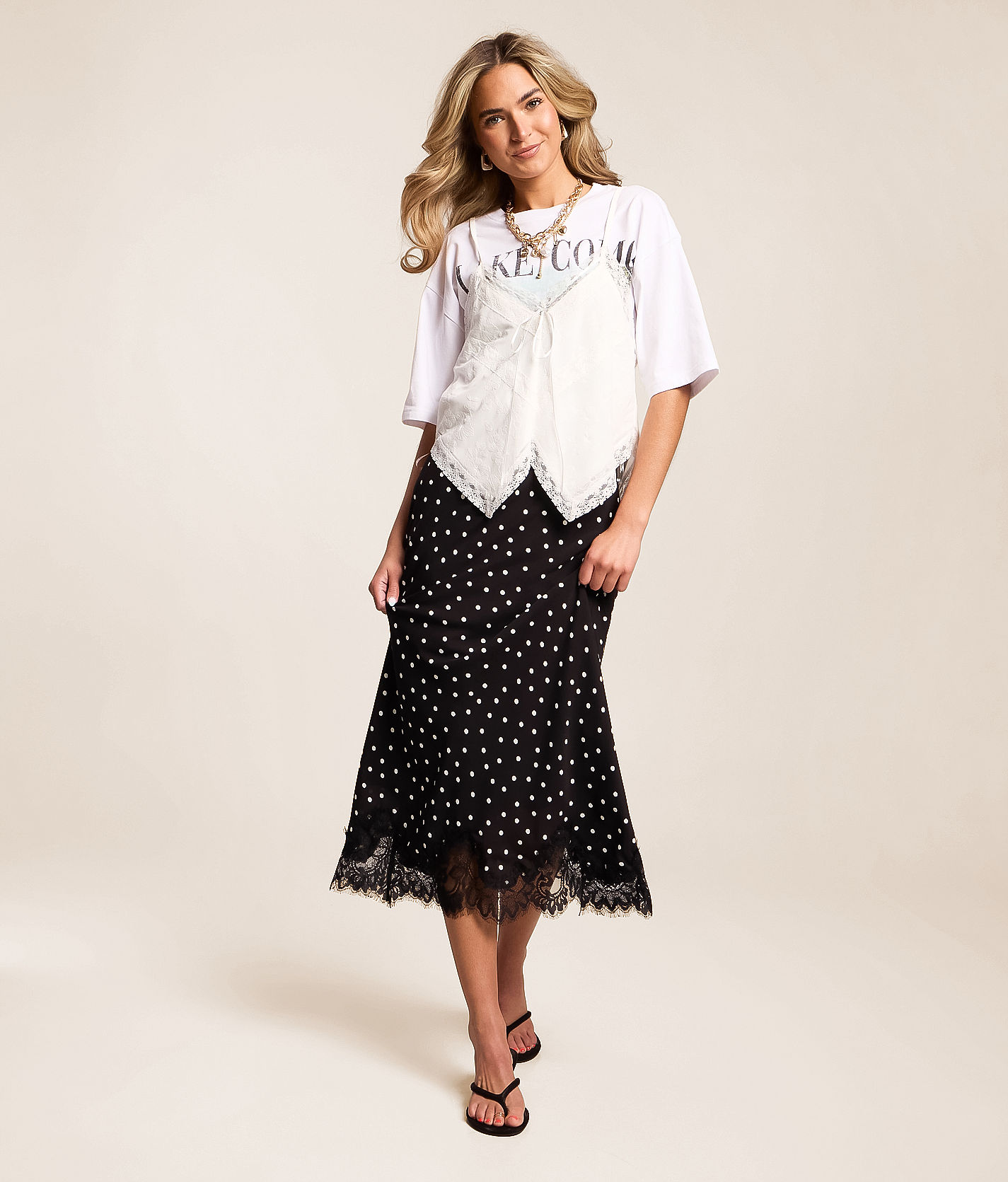 Willow & Root Satin Polka Dot Midi Skirt - Women's Skirts in Black
