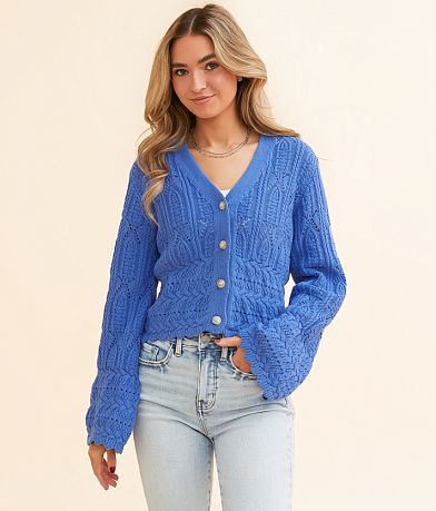 Lush Pointelle Cropped Cardigan Sweater front view