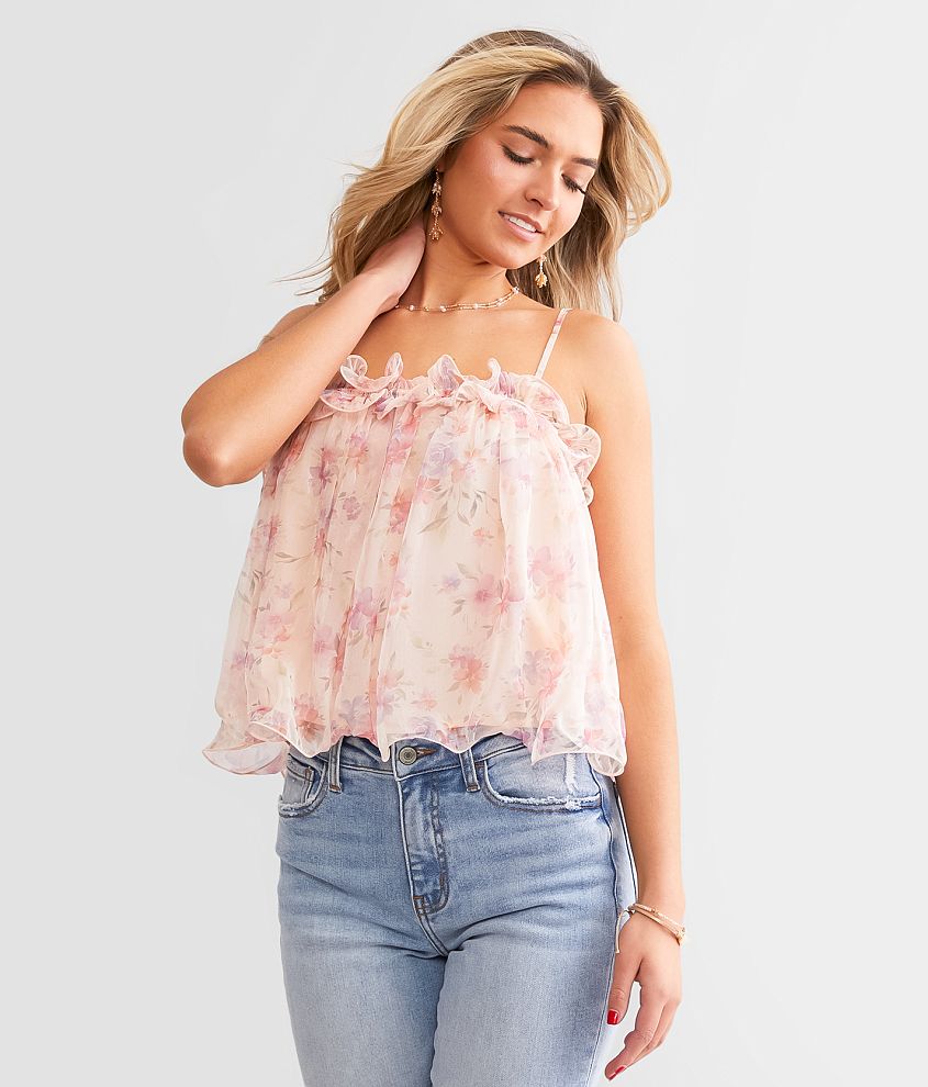 Willow &#38; Root Floral Chiffon Ruffle Cropped Tank Top front view