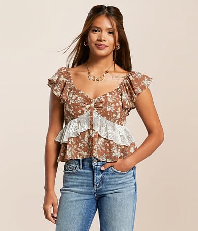 Willow & Root Floral Ruffle Chiffon Cropped Top front view