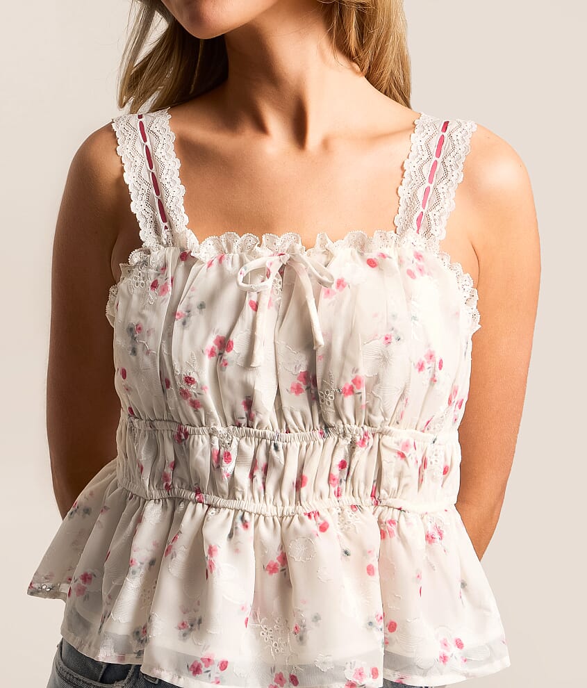 Embroidered Floral Chiffon Cropped Tank Top - thumbnail 3