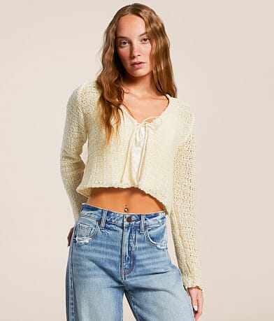 Lush Front Tie Cropped Cardian Sweater front view