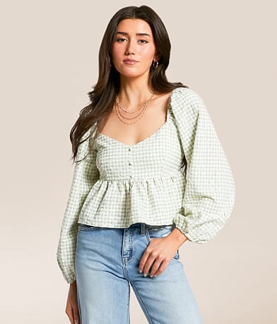 Willow & Root Embroidered Gingham Cropped Top front view