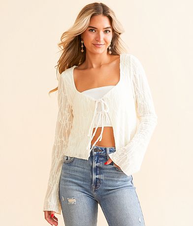 Willow & Root Front Tie Mesh Cropped Top front view