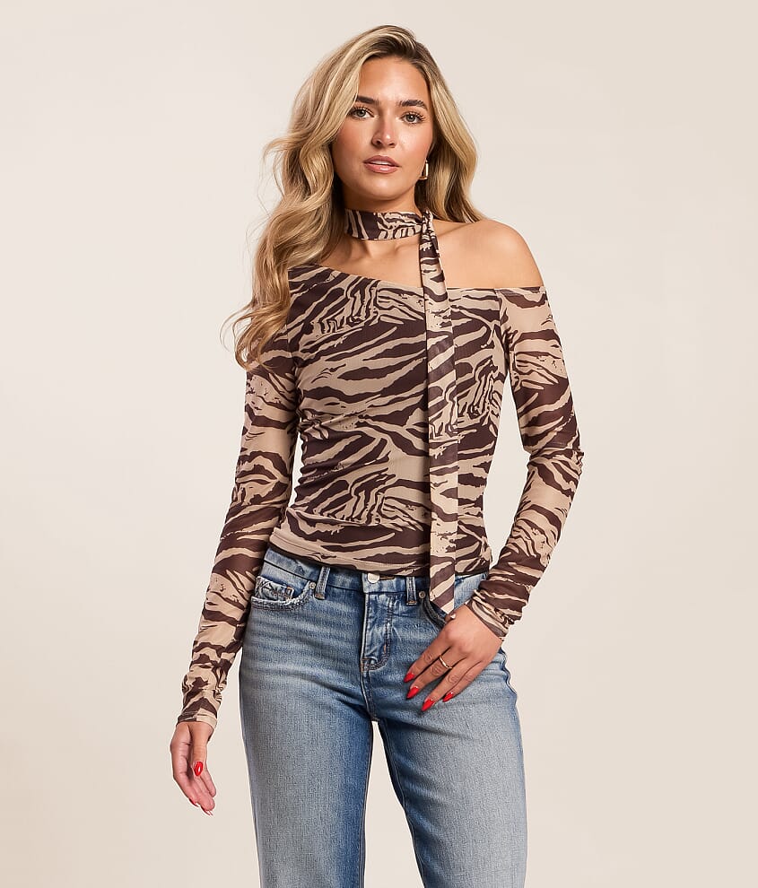 One Shoulder Mesh Top With Scarf