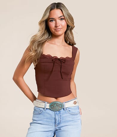 Willow & Root Lace Trim Cropped Tank Top front view