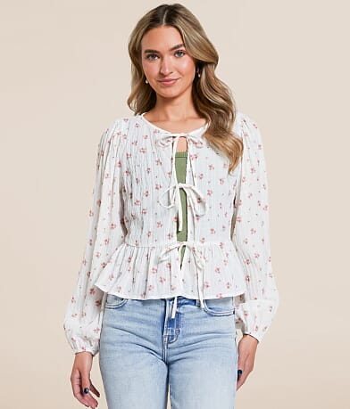 Willow & Root Floral Front Tie Peplum Top front view