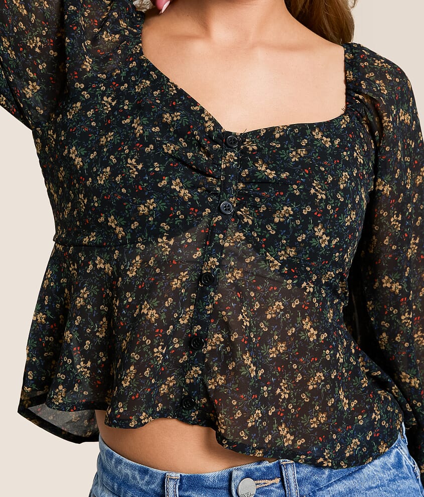 Floral Chiffon Peplum Cropped Top