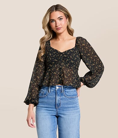 Willow & Root Floral Chiffon Peplum Cropped Top front view