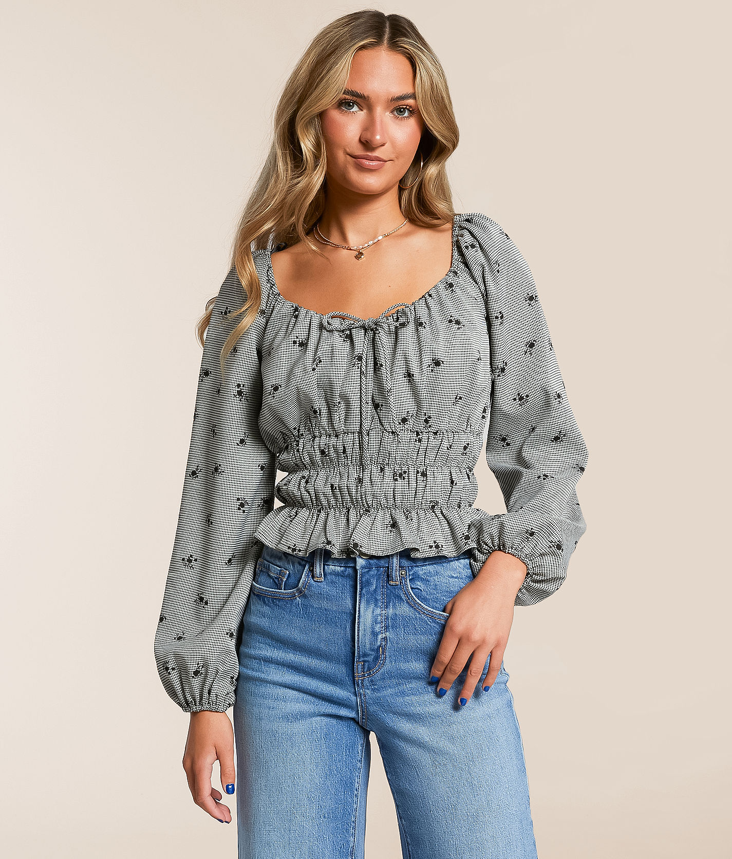 Embroidered Houndstooth Top