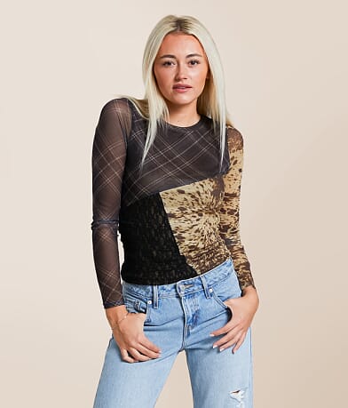 Gilded Intent Pieced Plaid Mesh Top front view