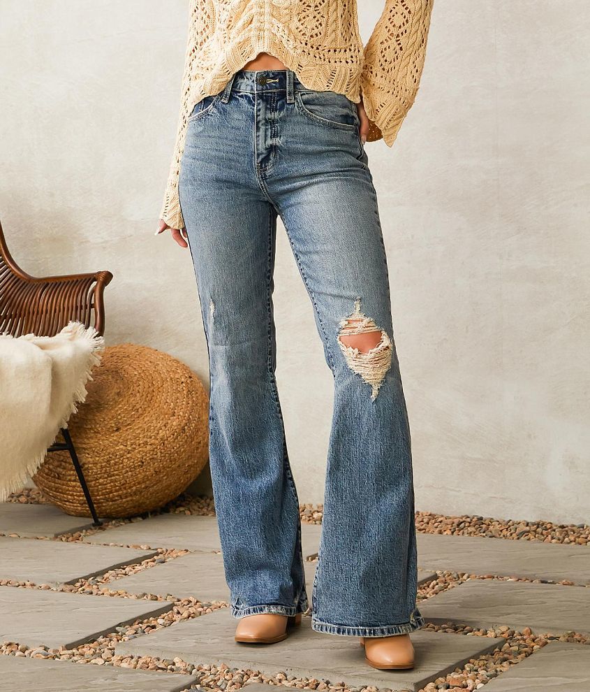 Vintage Denim High Flare Jeans For Women Middle Waist, Distressed