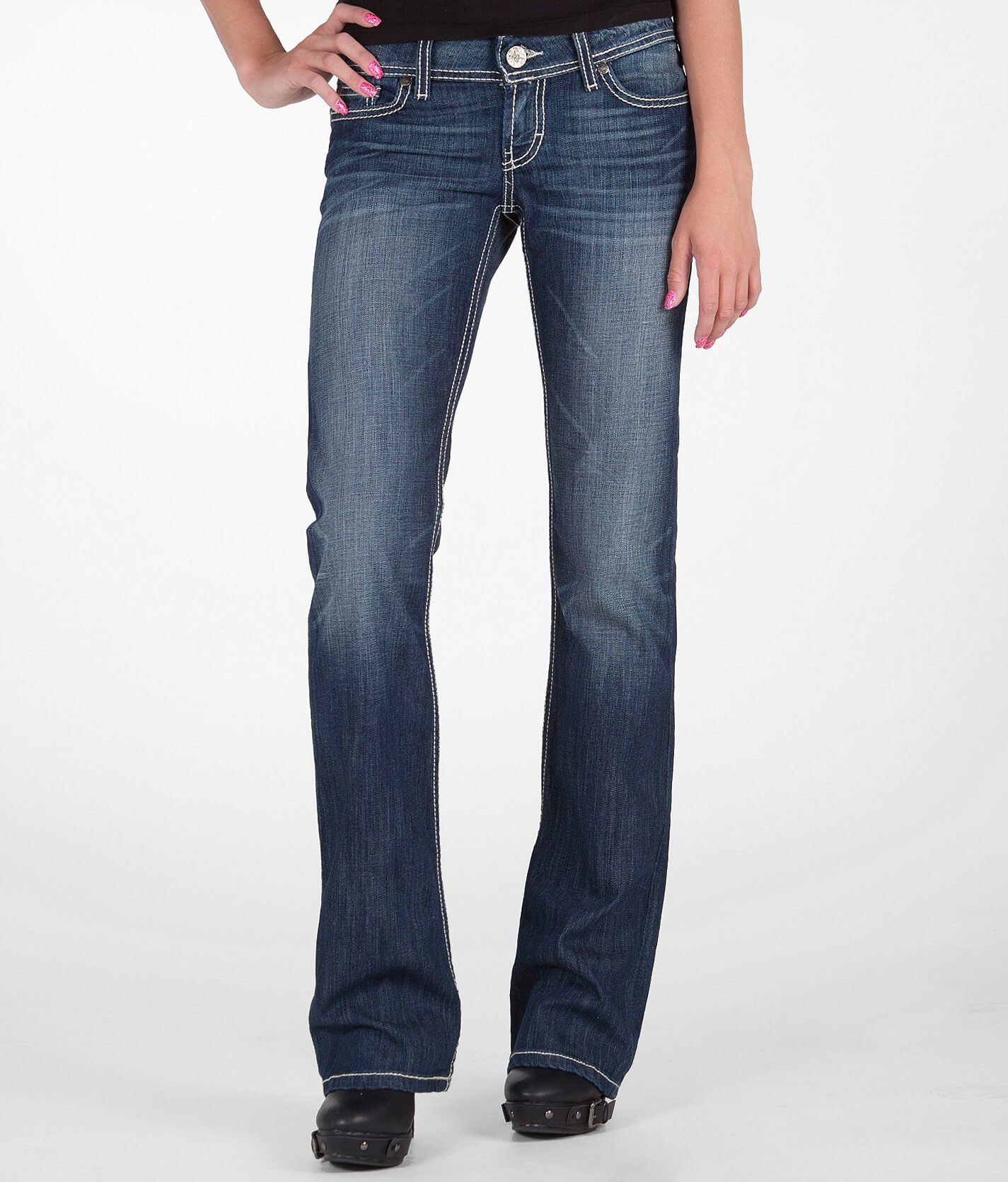 buckle slim bootcut jeans