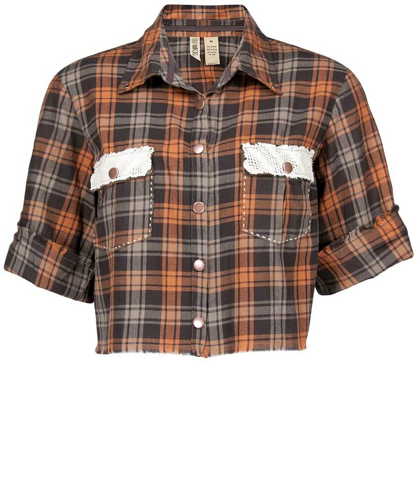 BKE Cropped Plaid Shirt front view