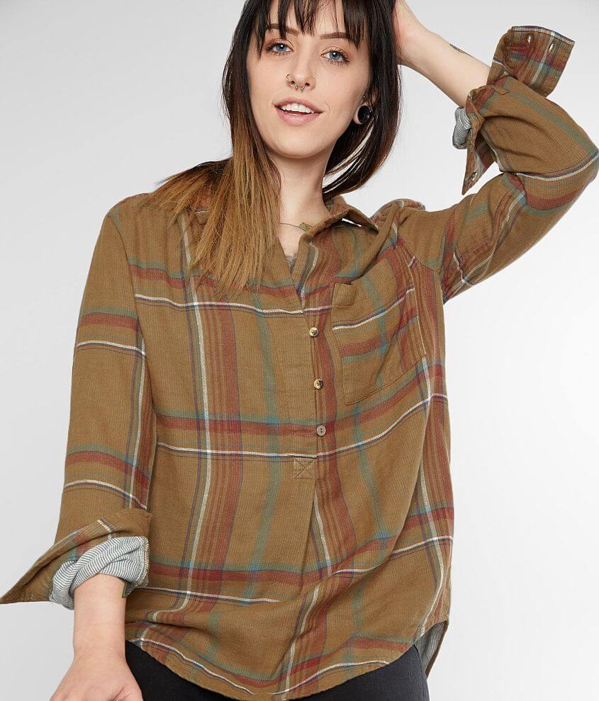 Gilded Intent Woven Plaid Henley Top front view