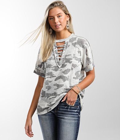 BKE Lace Up Camo Top front view