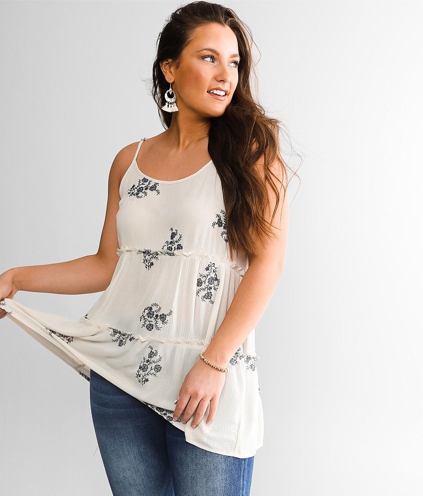 Daytrip Embroidered Babydoll Tank Top - Women's Tank Tops in Cream Navy