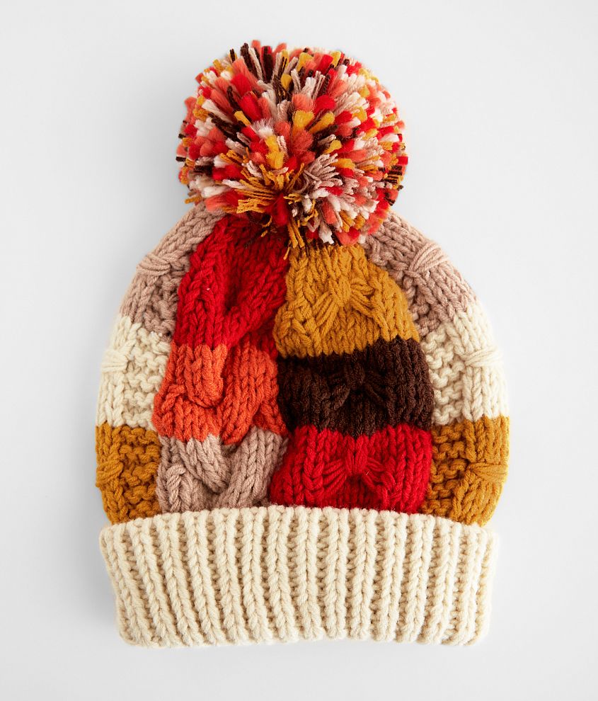 Color Block Pom Beanie front view