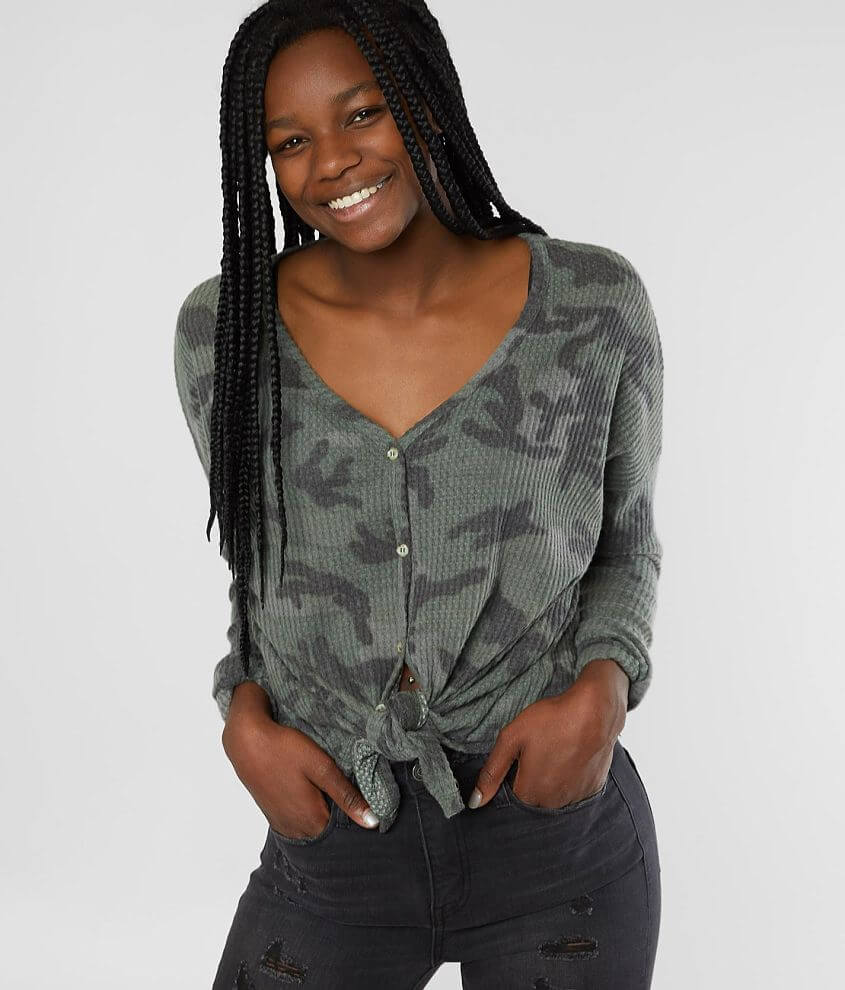 BKE Camo Waffle Knit Top front view