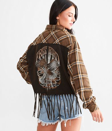La La Land Free Bird Cropped Fringe Flannel Shirt front view