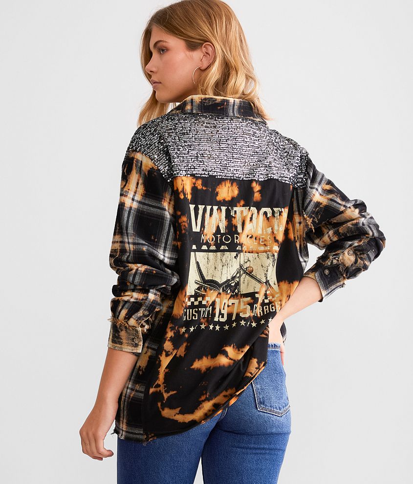 La La Land Sequins Boyfriend Flannel Shirt front view