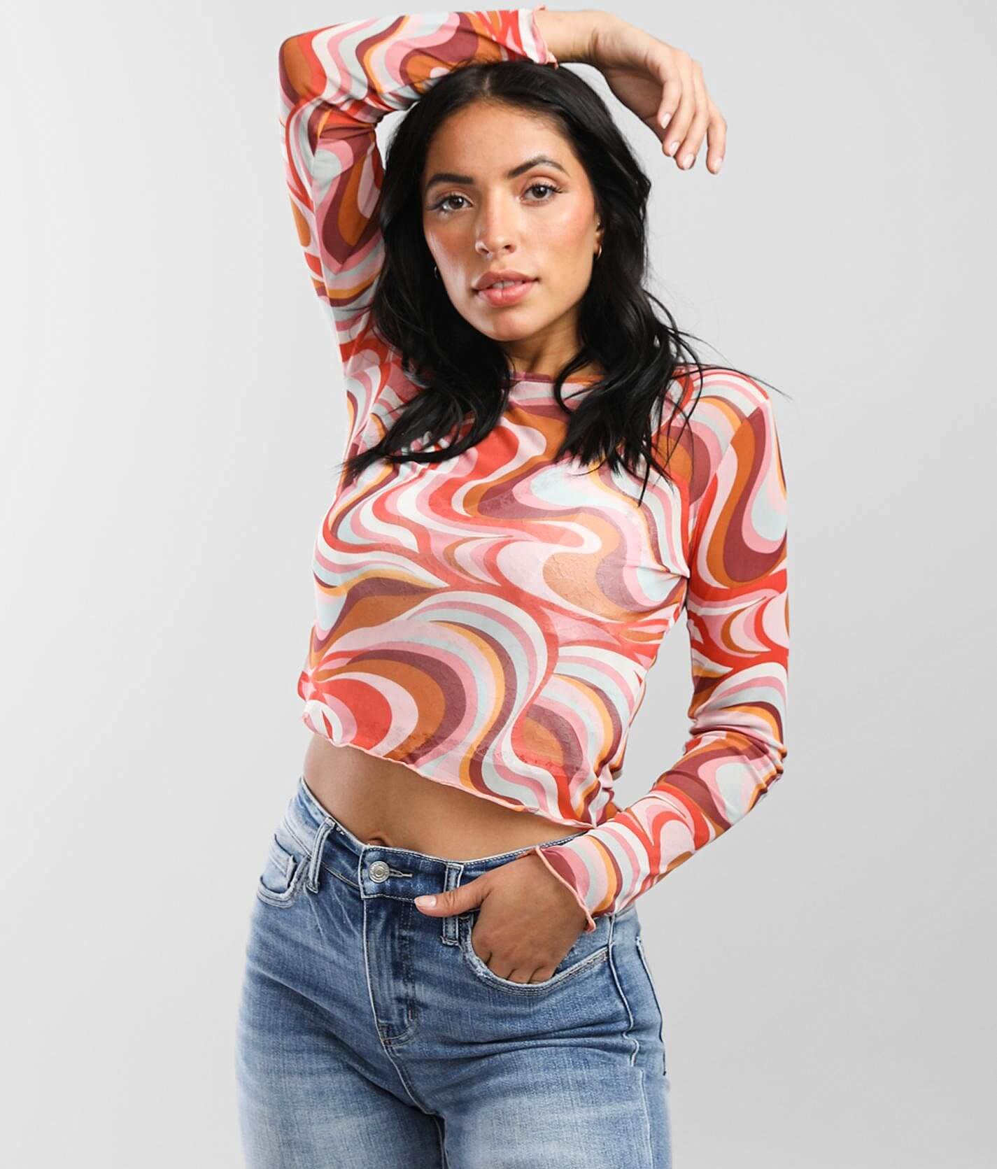 Marble Swirl Print Mesh Long Sleeve Top