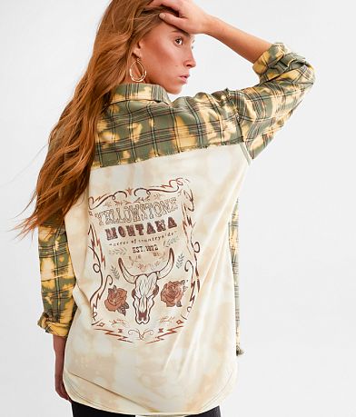 La La Land Yellowstone Montana Plaid Boyfriend Shirt front view