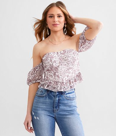 Lace Trim Cold Shoulder Swiss Dot Crop Top