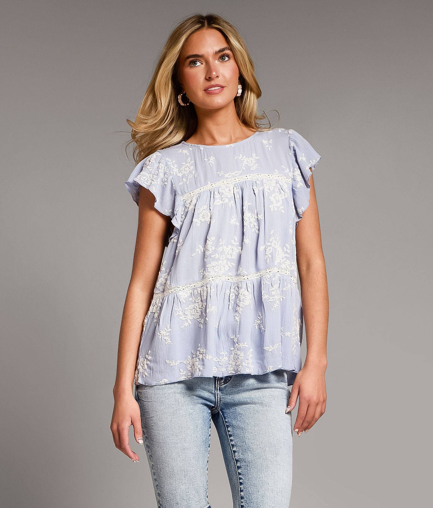 BKE Embroidered Ruffle Top - Women's Shirts & Blouses in Blue | Buckle