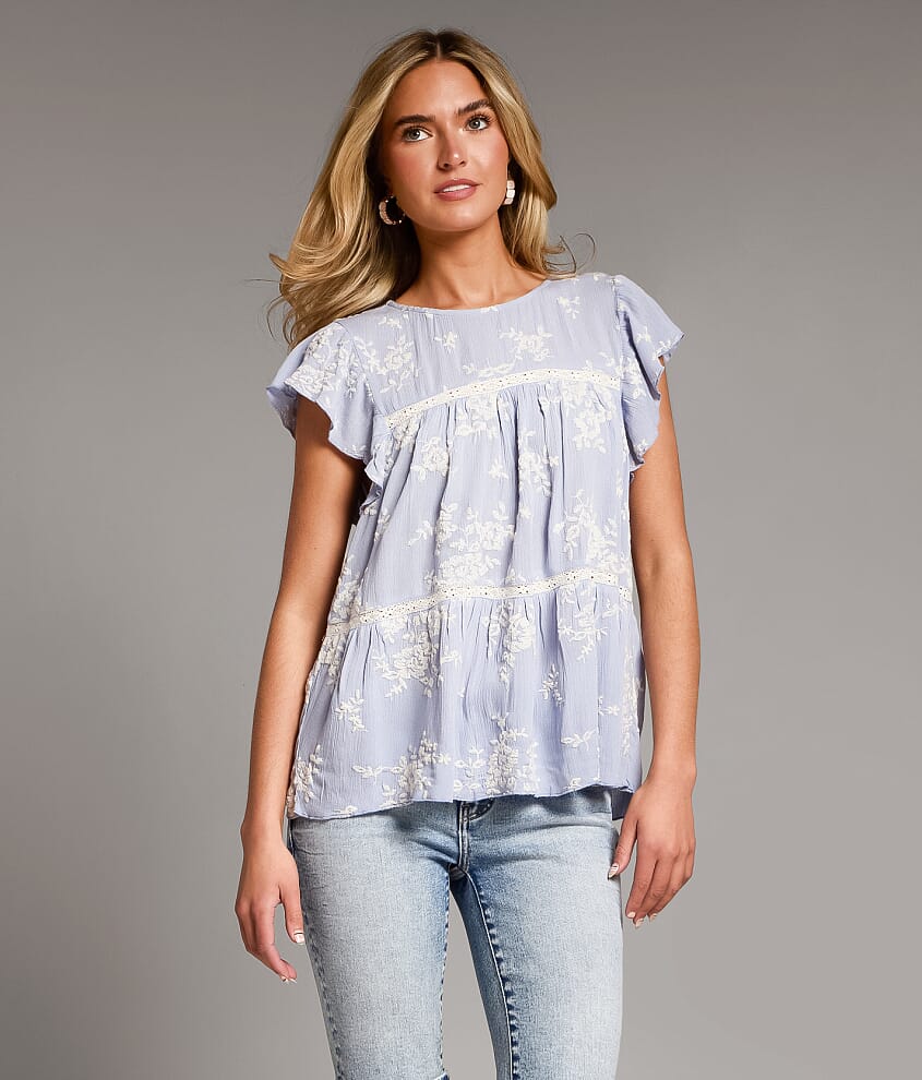 BKE Embroidered Ruffle Top - Women's Shirts & Blouses in Blue | Buckle