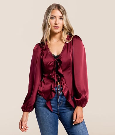 Willow & Root Satin Ruffle Top front view