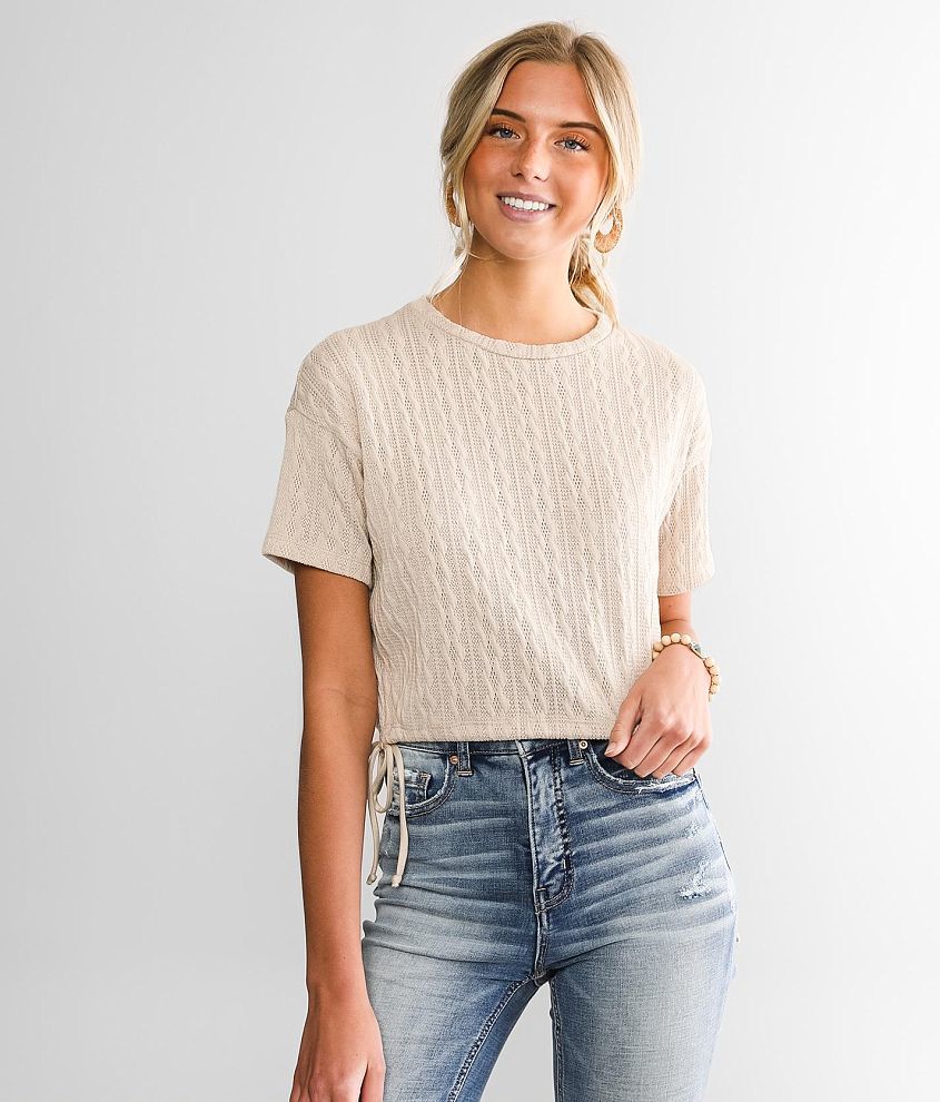 Rise Soft Rib Open Back One Shoulder Crop Top in Marled Oat