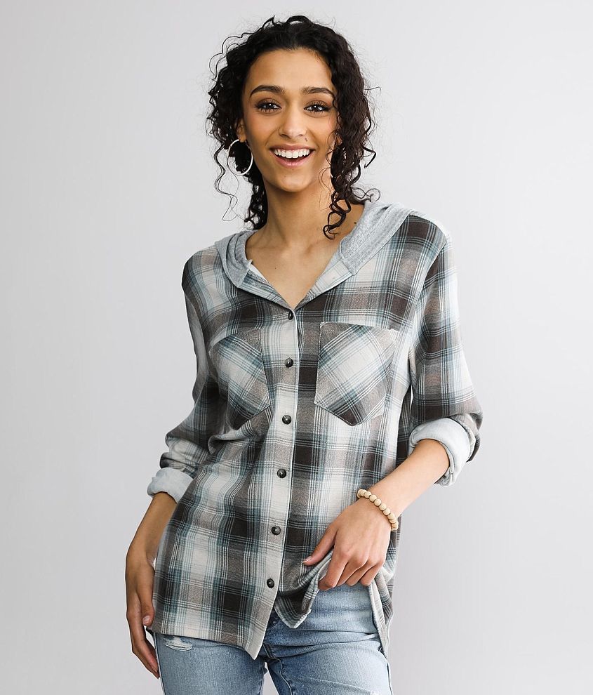 BKE Plaid Knit Hooded Shirt front view