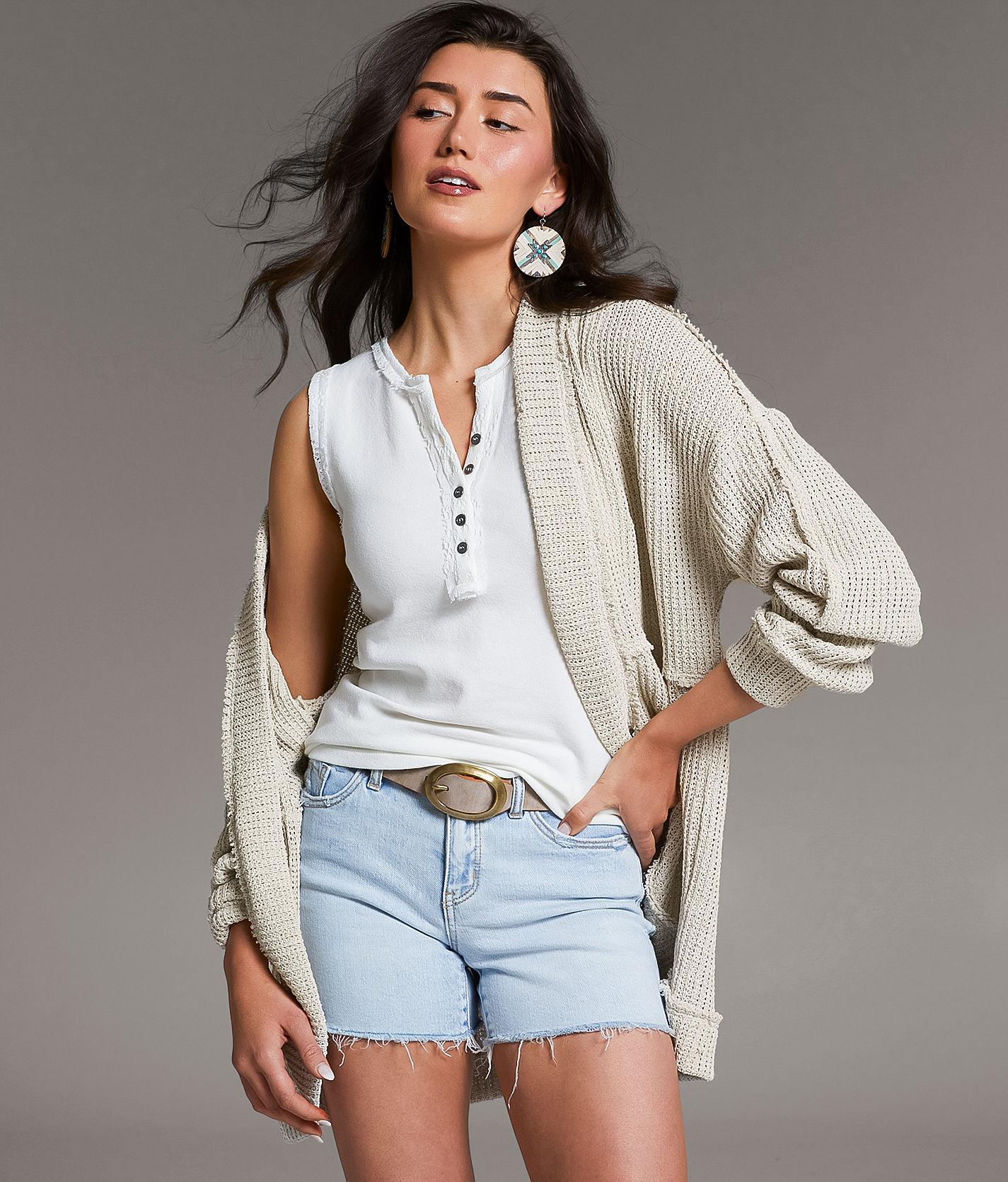 BKE Textured Flyaway Cocoon Cardigan - Women's Sweaters in Stone