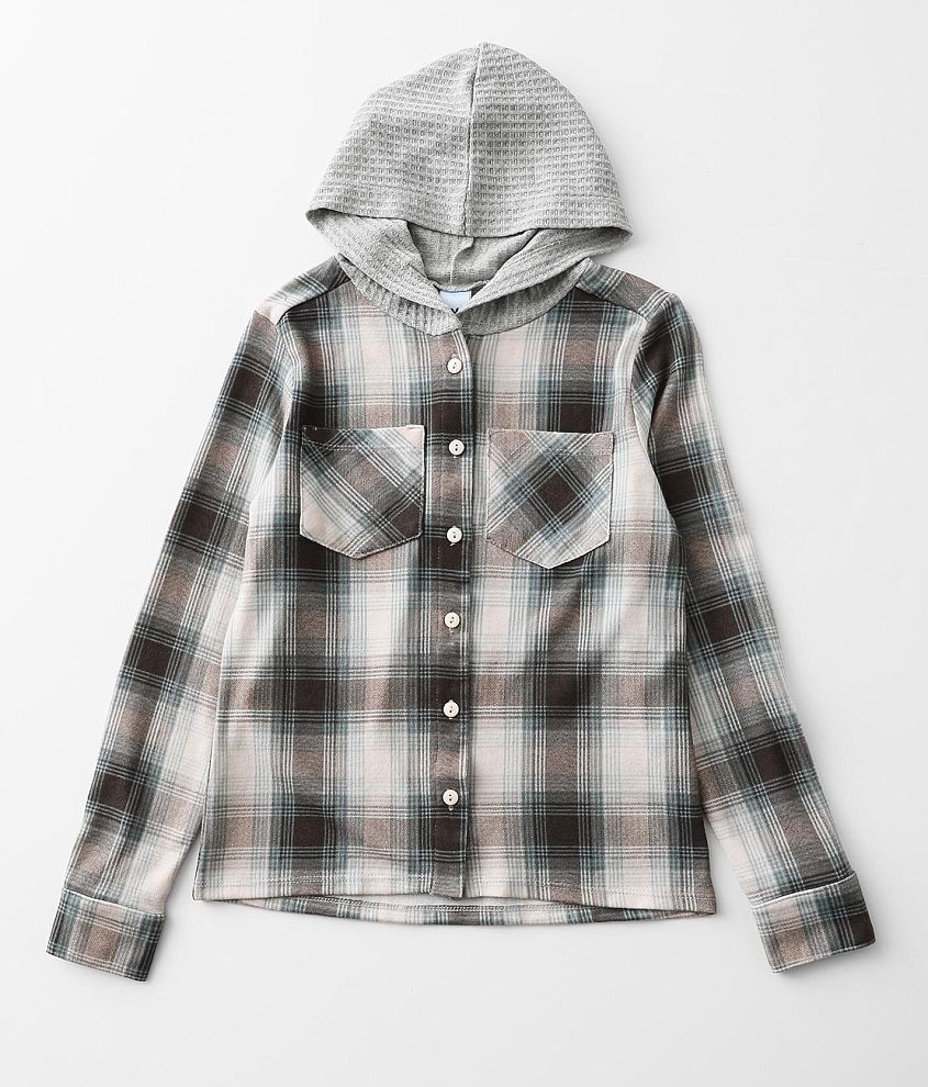 Girls - BKE Plaid Hooded Shirt front view