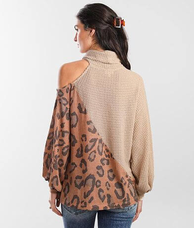BKE Cold Shoulder Leopard Print Pullover back view