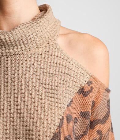 BKE Cold Shoulder Leopard Print Pullover misc detail 1 view