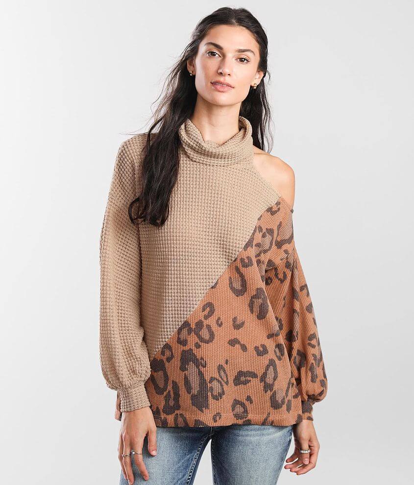 BKE Cold Shoulder Leopard Print Pullover front view