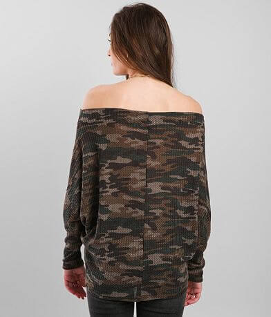 BKE Camo Print Off The Shoulder Top BACK