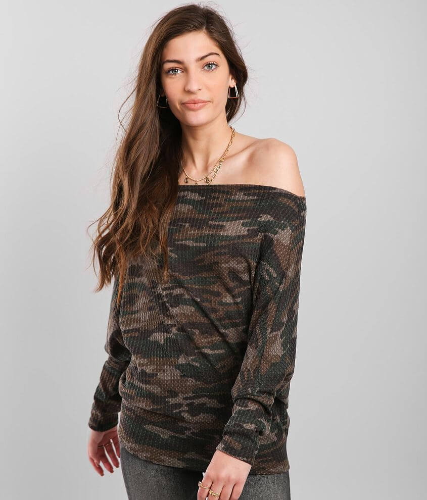 BKE Camo Print Off The Shoulder Top front view