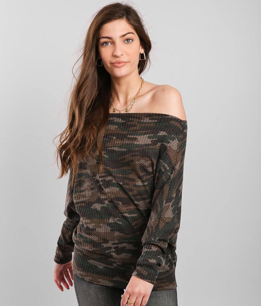 BKE Camo Print Off The Shoulder Top Women s Shirts Blouses in