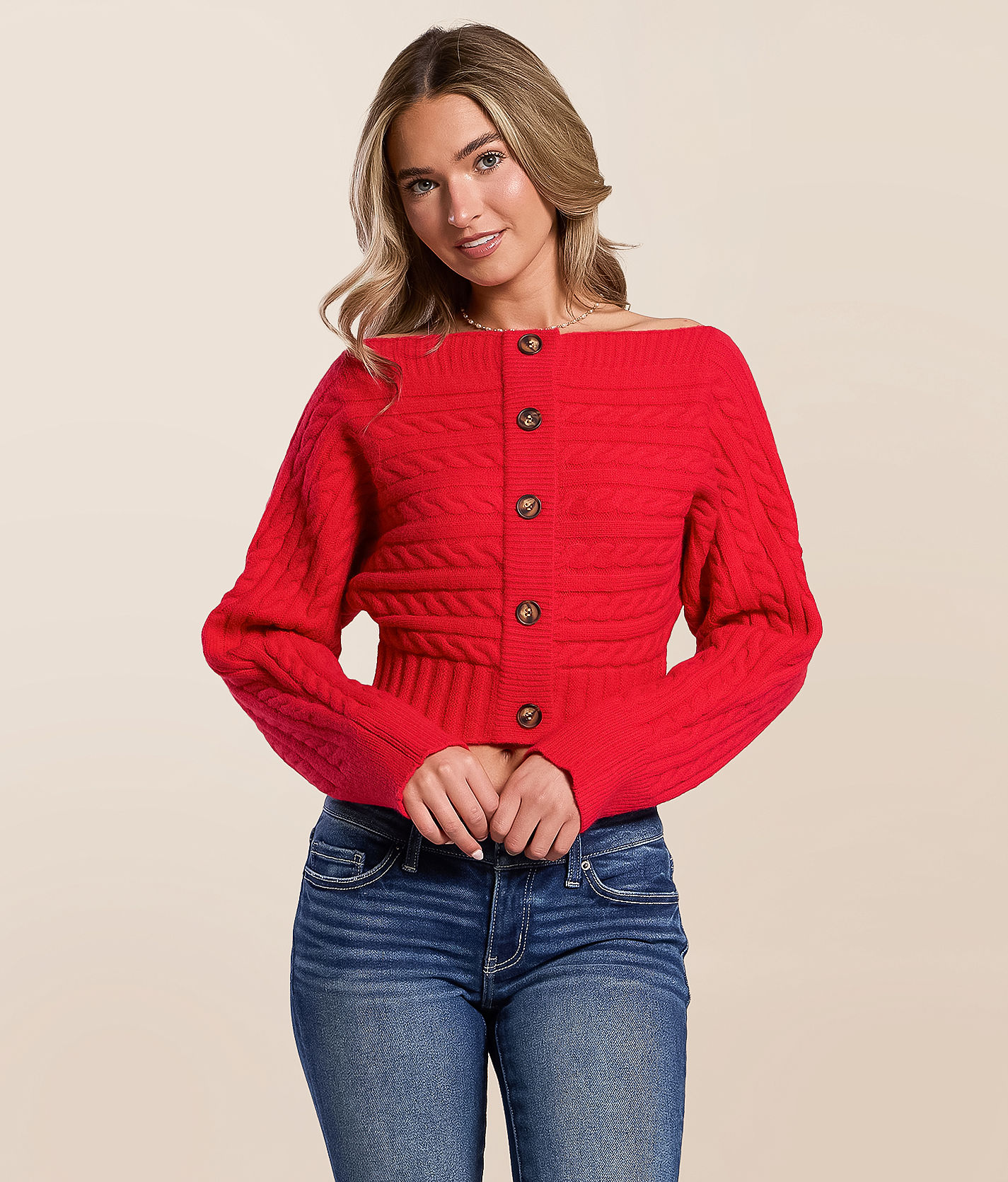 LE LIS Cropped Cable Knit Sweater - Women's Sweaters in Red | Buckle