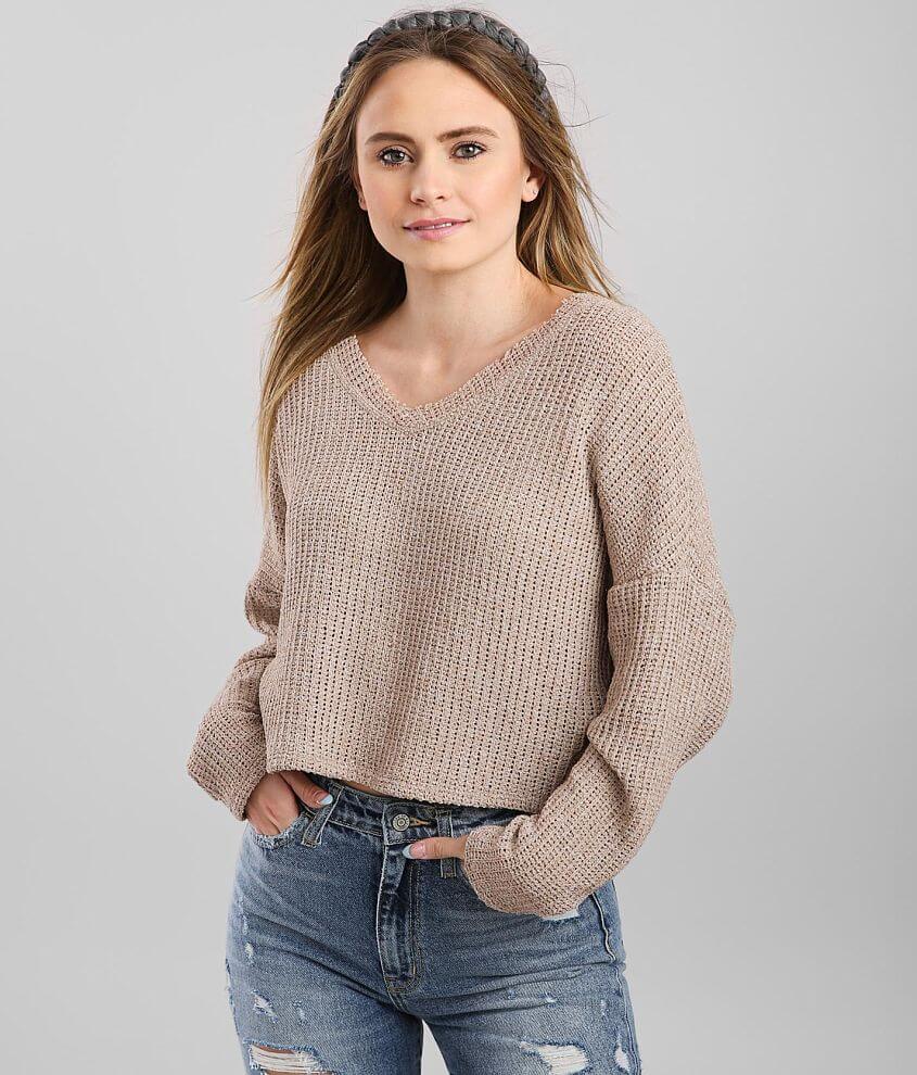 LE LIS Open Weave Cropped Slouchy V-Neck Top front view
