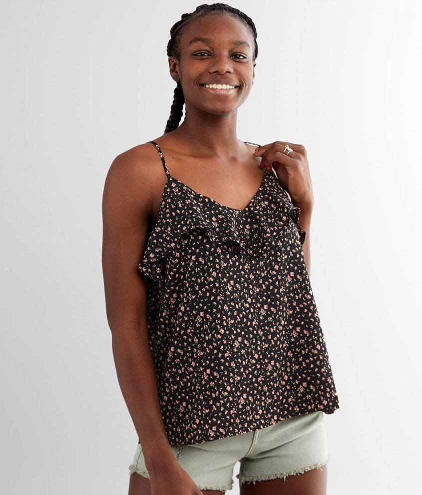 GILLI Dainty Floral Woven V-Neck Tank Top - Women's Tank Tops in Black  Floral