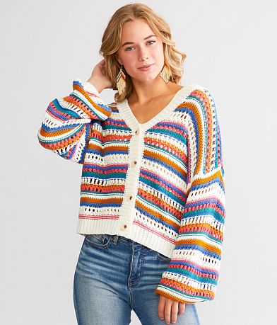 LE LIS Crochet Striped Cardigan Sweater front view